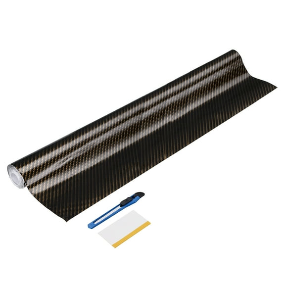 1 Set Carbon Fiber Vinyl Wrap 19.69" x 5ft Self-Adhesive Car Sticker Waterproof Wrap Roll for DIY Decor Automotive Exterior Interior Protection with Scraper Tool, Black Golden