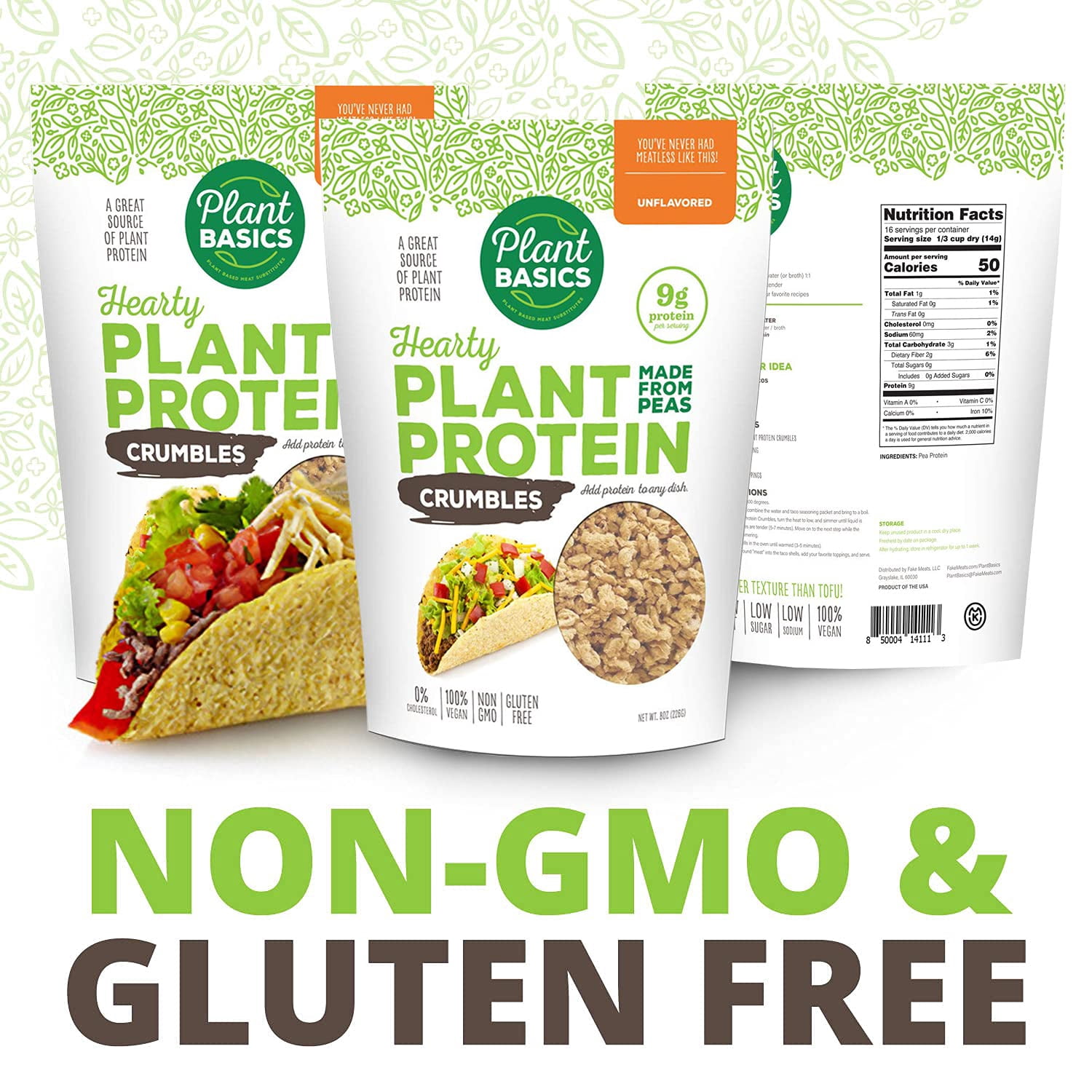 Plant Basics - Hearty Plant Protein - Unflavored Crumbles, 8 oz (Pack of 6), Made from Peas, Non-GMO, Gluten Free, Low Fat, Low Sodium, Vegan, Meat Substitute
