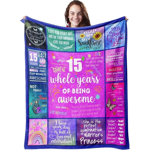 15th Birthday Gift for Girls - 50x40 Throw Blanket, Best Gifts for 13 Year Olds, Teenage Girl Gifts & Decor, Perfect 15 Year Old Girl Gift Idea