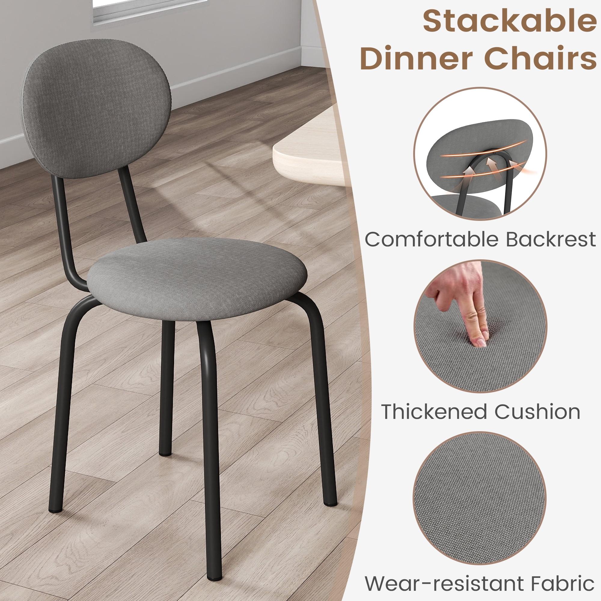 TUAREX Set of 4 Stackable Dining Chairs, Small Modern Stacking Kitchen Chair with Metal Legs for Living Room, Soft Cushion Seat, Space Saving Fabric Kitchen Side Chairs, Grey