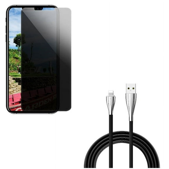 Privacy Screen Protector w 10ft USB Cable for iPhone XR - Tempered Glass Curved Anti-Spy Anti-Peep, Charger Cord Power Wire Long
