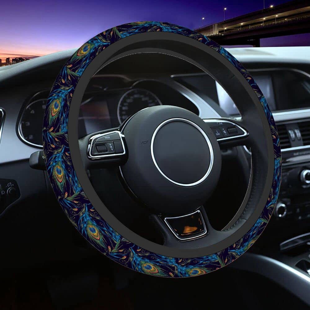 Peacock Feather Steering Wheel Cushion Case Beautiful Blue and Green Peacock Feathers Neoprene Car Steering Wheel Covers 15 Inch Anti Slip Compatible Auto Car Wrap Cover for Men Women