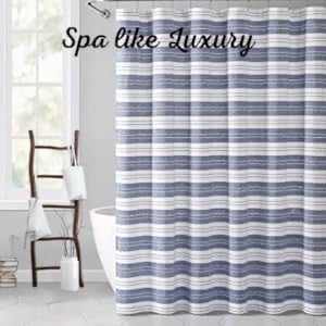 Serafina Home Nautical Striped Blue and White Fabric Shower Curtain: Chambray Cotton Luxury Hotel Detailed Eyelet Decorative Weave for Bathroom 72" x 72" (Denim Navy)