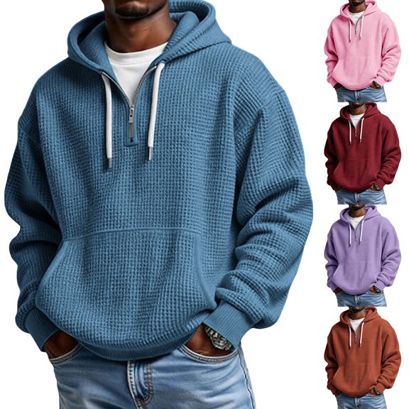 Men Waffle Knit Half Zip Hoodie Sevevn Long Sleeve Drawstring Hooded Sweatshirt With Front Kangaroo Pocket For Casual Daily Wear Outdoor Activities And Weekend Street Outfits