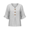thumbnail image 5 of GILIGEGE Womens Tops Dressy Casual 3/4 Ruffle Sleeve Henley Shirts for Women Decorative Button Front Loose Fit Casual Work Tops Summer Vacation Outfits Fashion Boho Stripe Shirts Print Tops Grey, 5 of 5