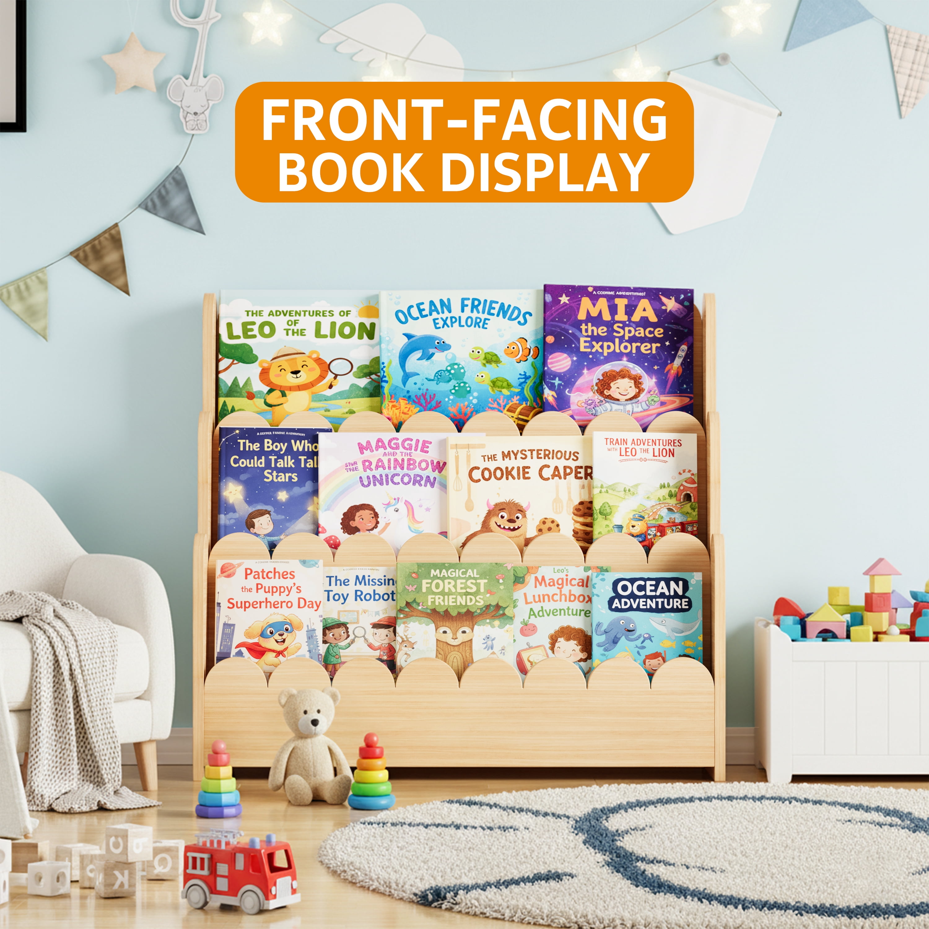 SpaceAid 3 Tier Wood Scalloped Bookshelf, Montessori Bookcase for Toddlers, Natural
