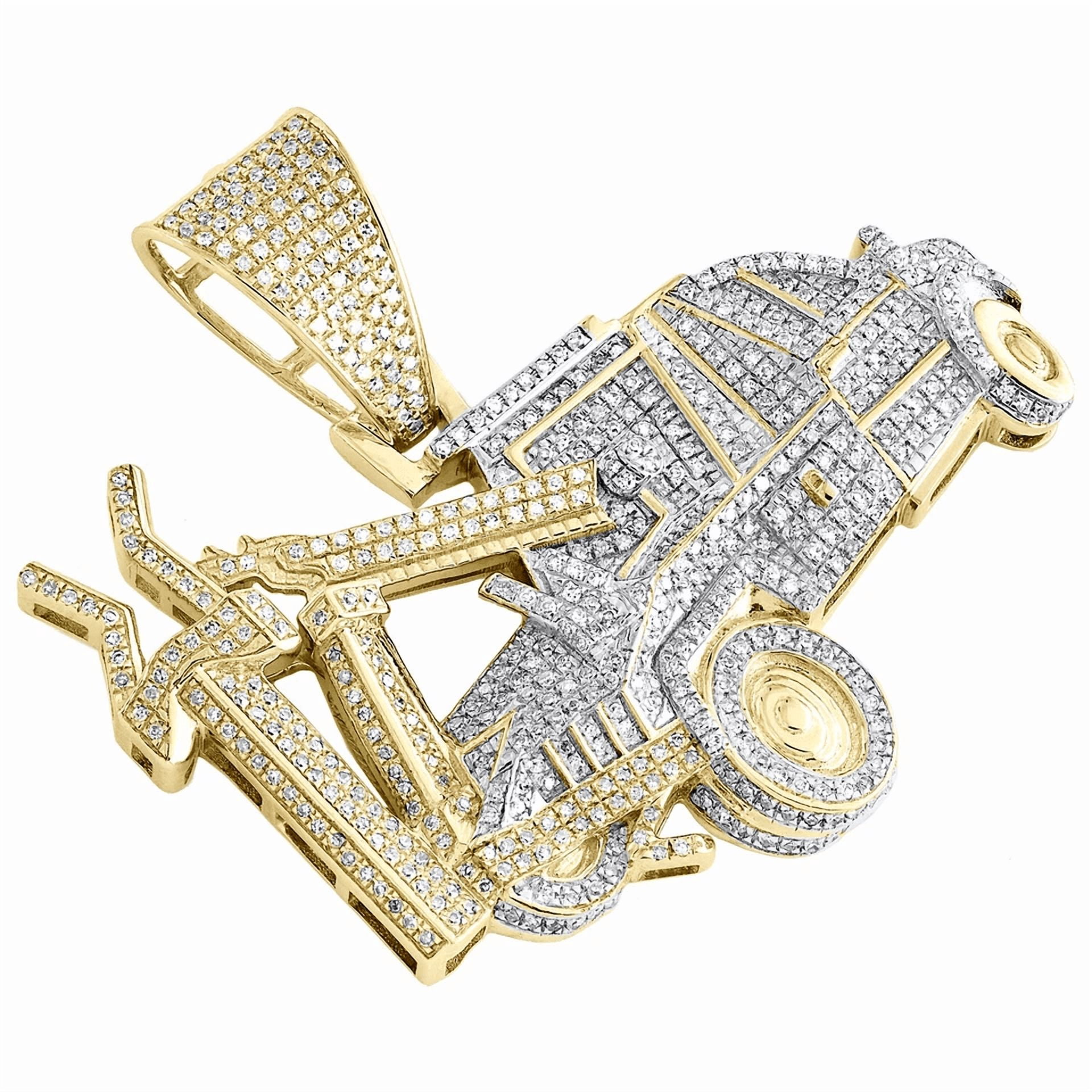 Radiant Jewelry Men's Tow Truck Charm Pendant | 2CT CZ Diamond | 1.5 Inch Hip Hop Jewelry | 10K Yellow Gold Plated