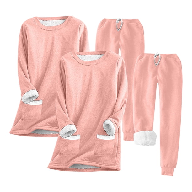 Puntoco Conjunto De 2 Piezas De top De Manga Larga Cálido De Terciopelo Grueso Con Bolsillo Y Cuello Redondo De Color Sólido Para Mujer + Pantalón De Terciopelo Rosa Xxl