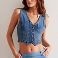 thumbnail image 3 of Womens Cropped Denim Vest Button Front Sleeveless Jean Jackets Casual Y2k Western Waistcoat Dark Blue, S, 3 of 7
