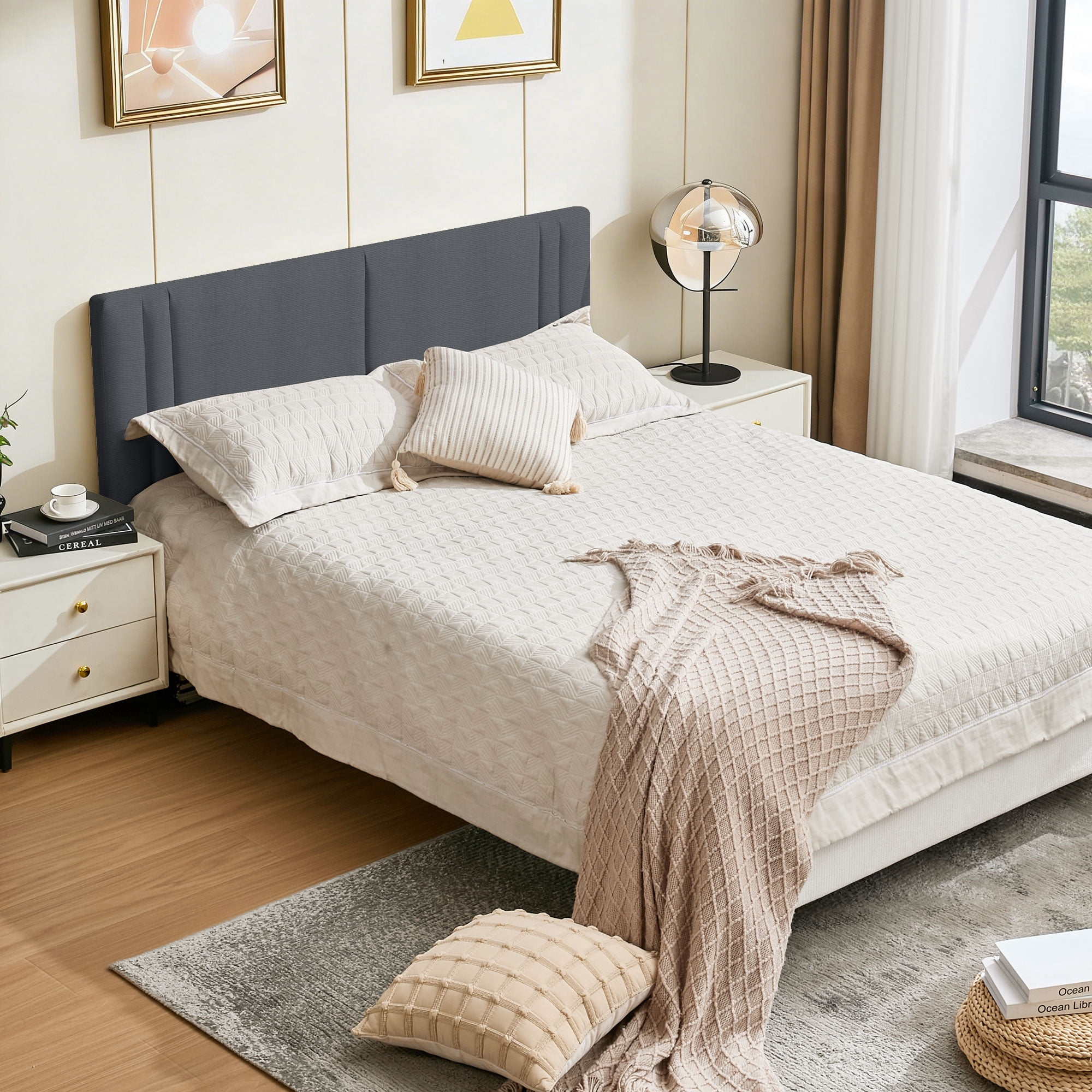 JONPONY Upholstered Full Headboard,Solid Wood Head Board with Linen Fabric,Adjustable Height Headboard from 37" to 51",Bed Frame Adapters,Headboard Only,Gray