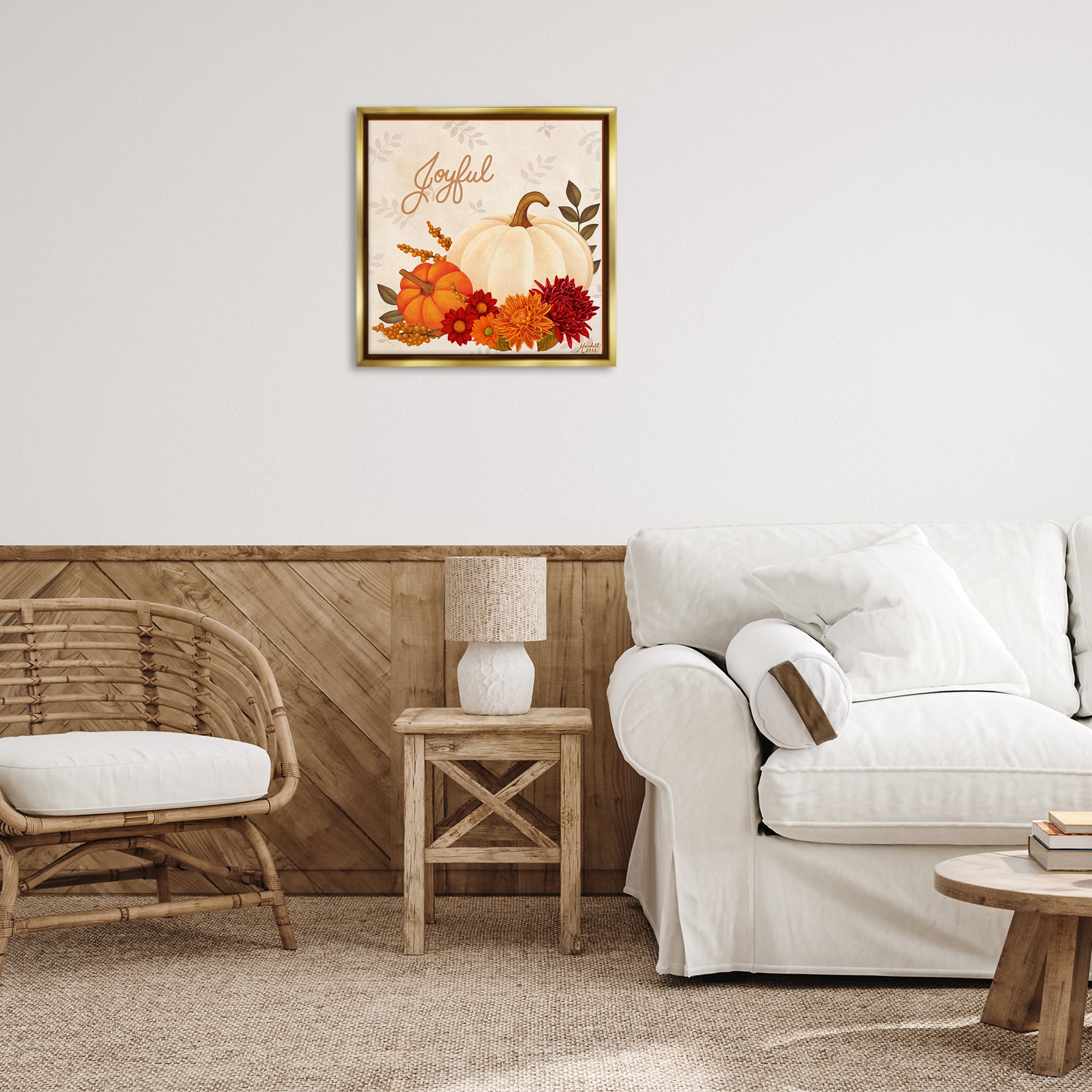 Stupell Industries Joyful Floral Pumpkins Holiday Painting Gold Floater Framed Canvas Art Prints Wall Art, 25 x 25