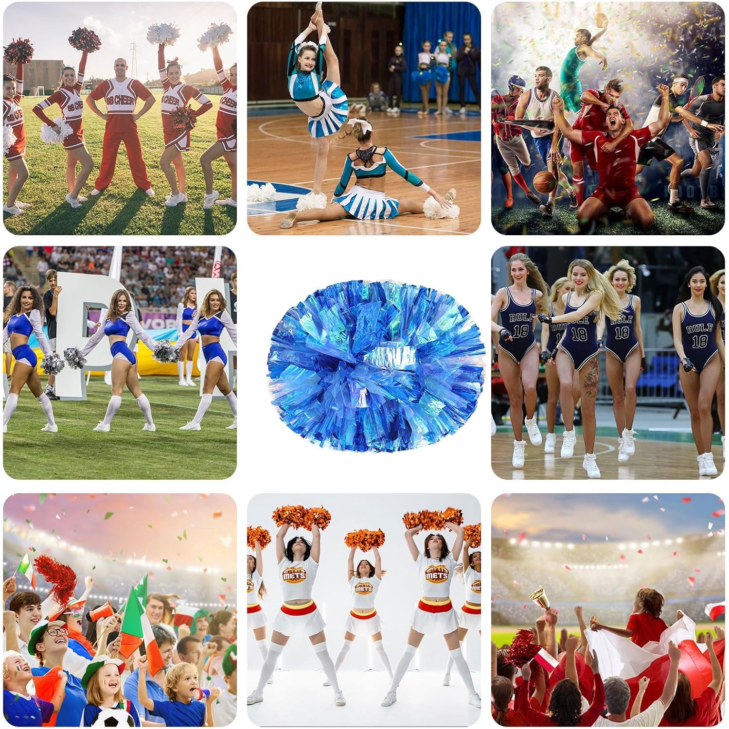8 Pack Cheerleading pom poms,Handheld Cheer pom poms, Sports Cheer Plastic Pom Poms Cheerleading for Sports Team Spirit Cheering (Colorful+Blue)