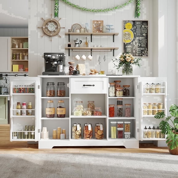 45’’ Coffee Bar Cabinet with Drawer and Doors, Noelse Pantry Sideboard Buffet Cabinet for Small Kitchen, Living Room and Bathroom, White
