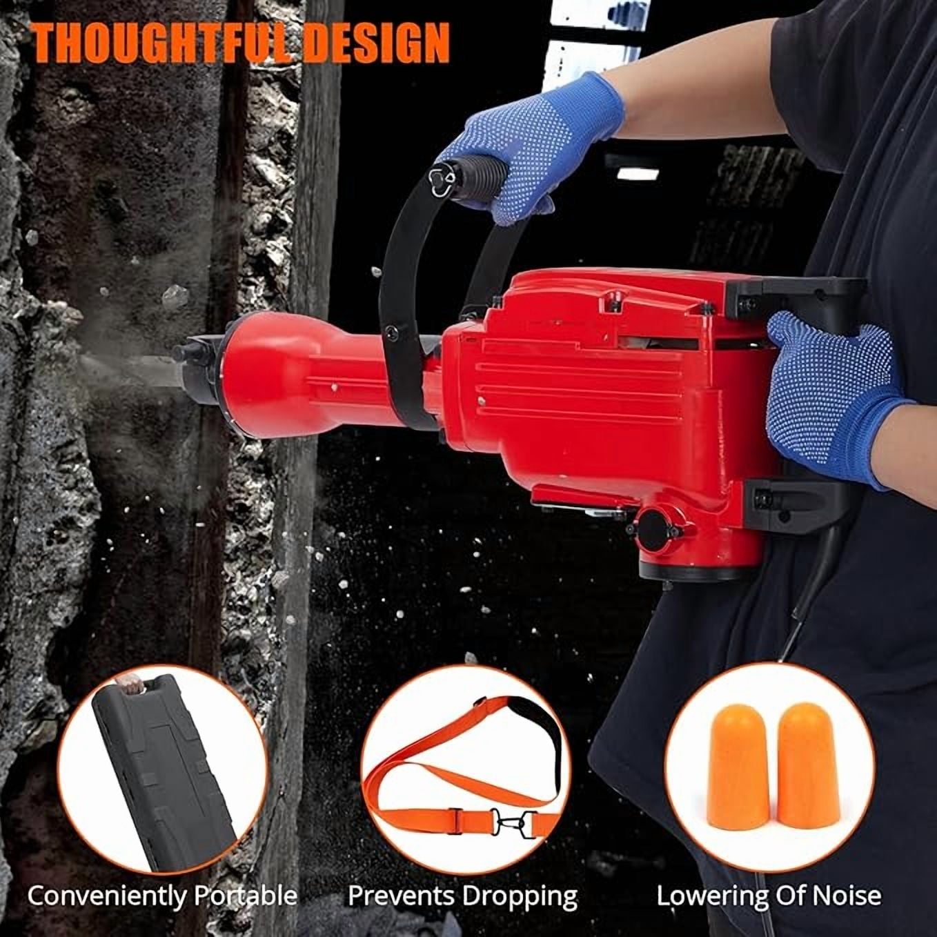 Demolition Jack Hammer - Max 1700W Electric Heavy Duty, Concrete Breaker, 4pcs Pieces Bit, Chipping W/Case, Gloves, Red