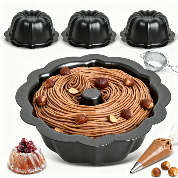 Nonstick 4-Piece 4 Inch Mini Bundt Pan Set - Carbon Steel Fluted Baking Molds for Brownies, Puddings, Cupcakes & Small Cakes