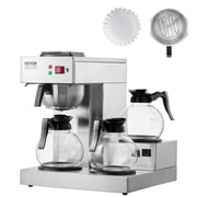 VEVOR 12 Cups Commercial Drip Coffee Maker, Coffee Maker Machine with 3 Glass Carafes and 3 Warmer Plates, Stainless Steel Pour Over Coffee Brewer with Auto Water Intake, for Restaurant Office Cafe