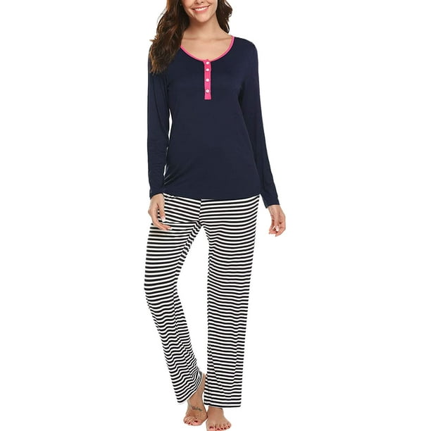 Soft Thermal Underwear Pajamas Set Long Sleeve Pj O Neck Sleepwear Set for Ladies Navy Blue XX Large