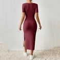 thumbnail image 7 of bbyeadc Red Cocktail Dresses for Women 2025 Summer, New French Stand Alone Square Neck Short Sleeve Side Slit Dresses (Wine, L), 7 of 7