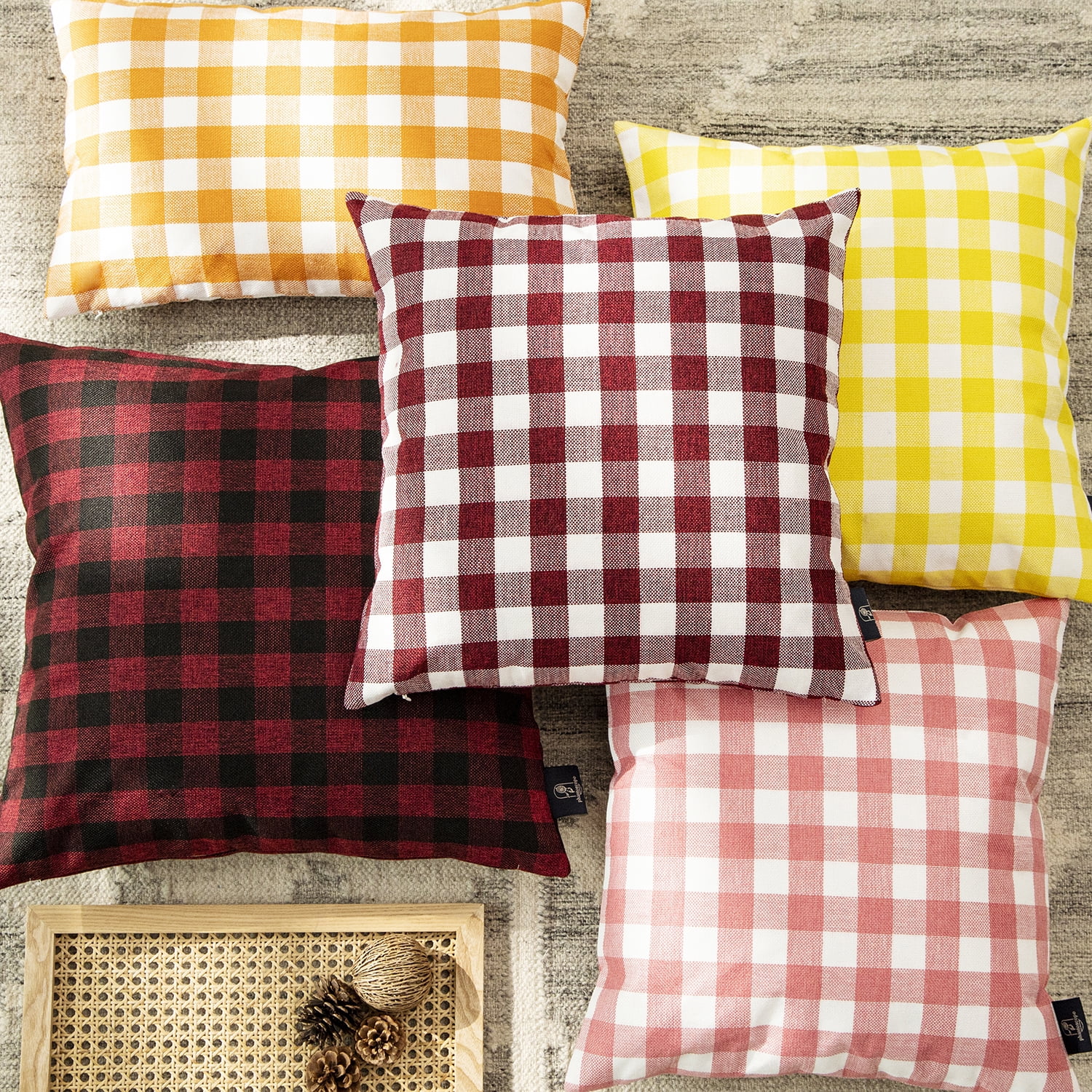 Phantoscope Gingham Checker Plaid Farmhouse Summer Square Decorative Throw Pillow for Couch, 18" x 18", Orange/White, 2 Pack