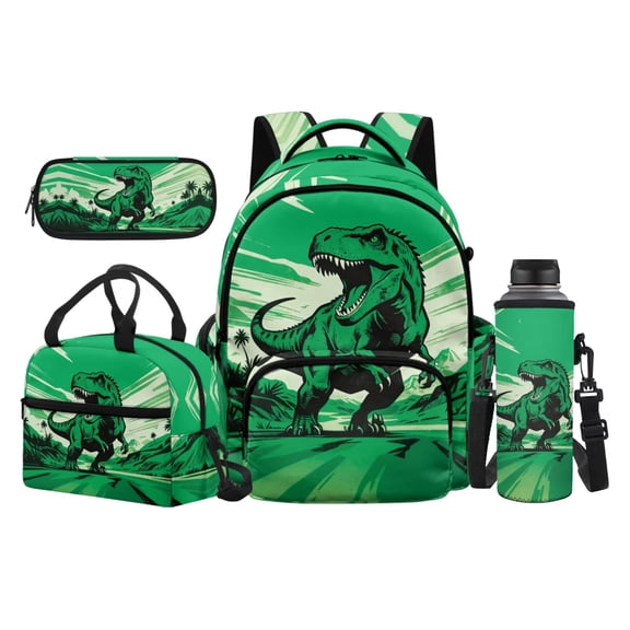 Yspwyqan 4 Piece Boys Green Dinosaur Backpack Set 17 Inch Large Capacity 600D Polyester Boys Back to School Bookbag Lunch Bag Pencil Case Water Bottle Bag for Elementary School