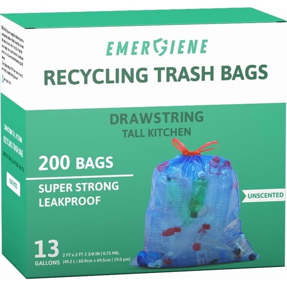 Emergiene 13 Gallon Recycling Trash Bags, 200 Bags Drawstring Tall Kitchen Garbage Bags, Pre-Separated, Leakproof, Sturdy