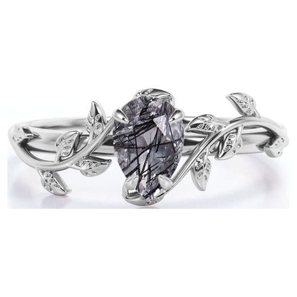 JeenMata Anillo de Compromiso de 4 Puntas con Diseño Botánico Cuarzo Rutilado con Agujas Negras Talladas en Forma de Pera de 1 Quilate; Baño de Oro Blanco de 18 K sobre Plata