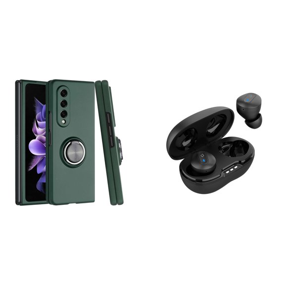 BEMZ Magnetic Ring Car Mount Holder Stand Protective Case (Midnight Green) with Noise-Cancelling Wireless Earbuds with Charging Case for Samsung Galaxy Z Fold 4 5G