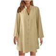 thumbnail image 2 of Diufon Summer Women's V Neck Long Sleeve Solid Color Flared Dress Button Front Mini Dresses, 2 of 7