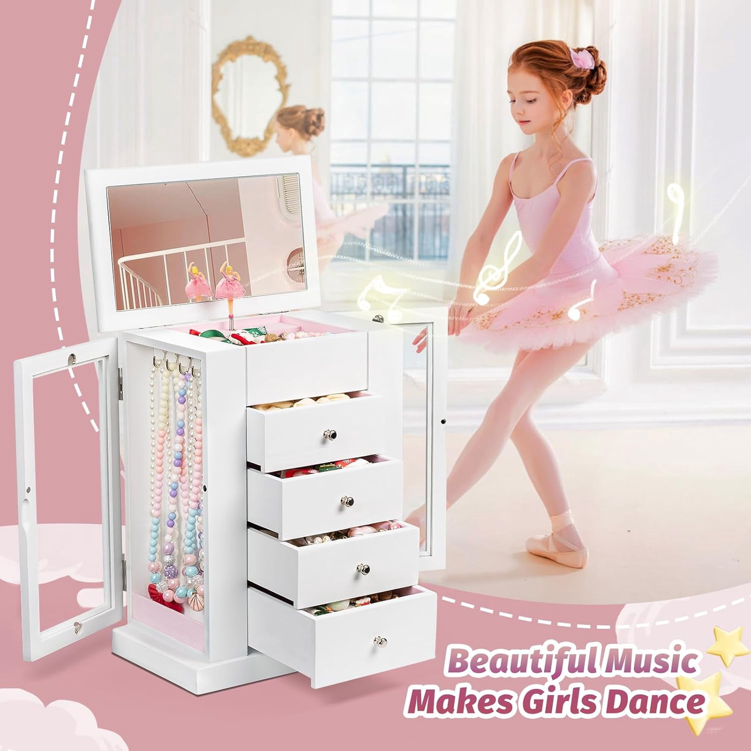Music Jewelry Box for Girls, 5 Layer Musical Jewelry Organizer with Spinning Dancer for Kids Christmas New Year Birthday Gifts