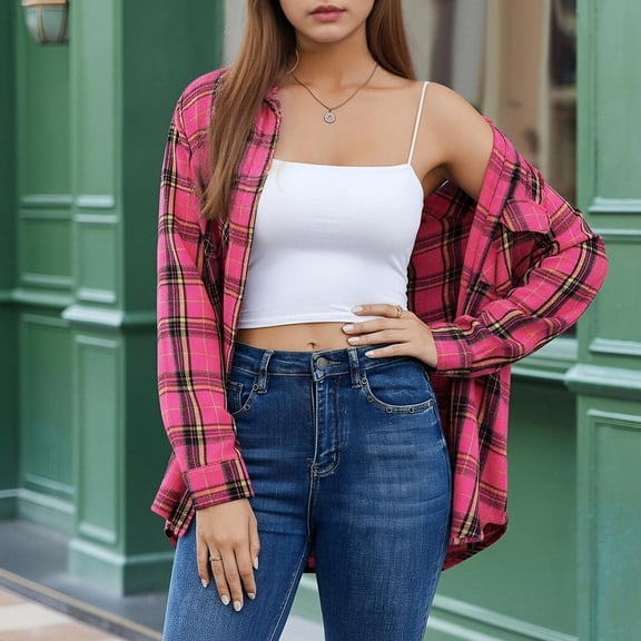 Hueook Flannel Shirt Women Button Down Tops Women's Plaid Button with Pocket Basic Top Jacket Hot Pink 2X