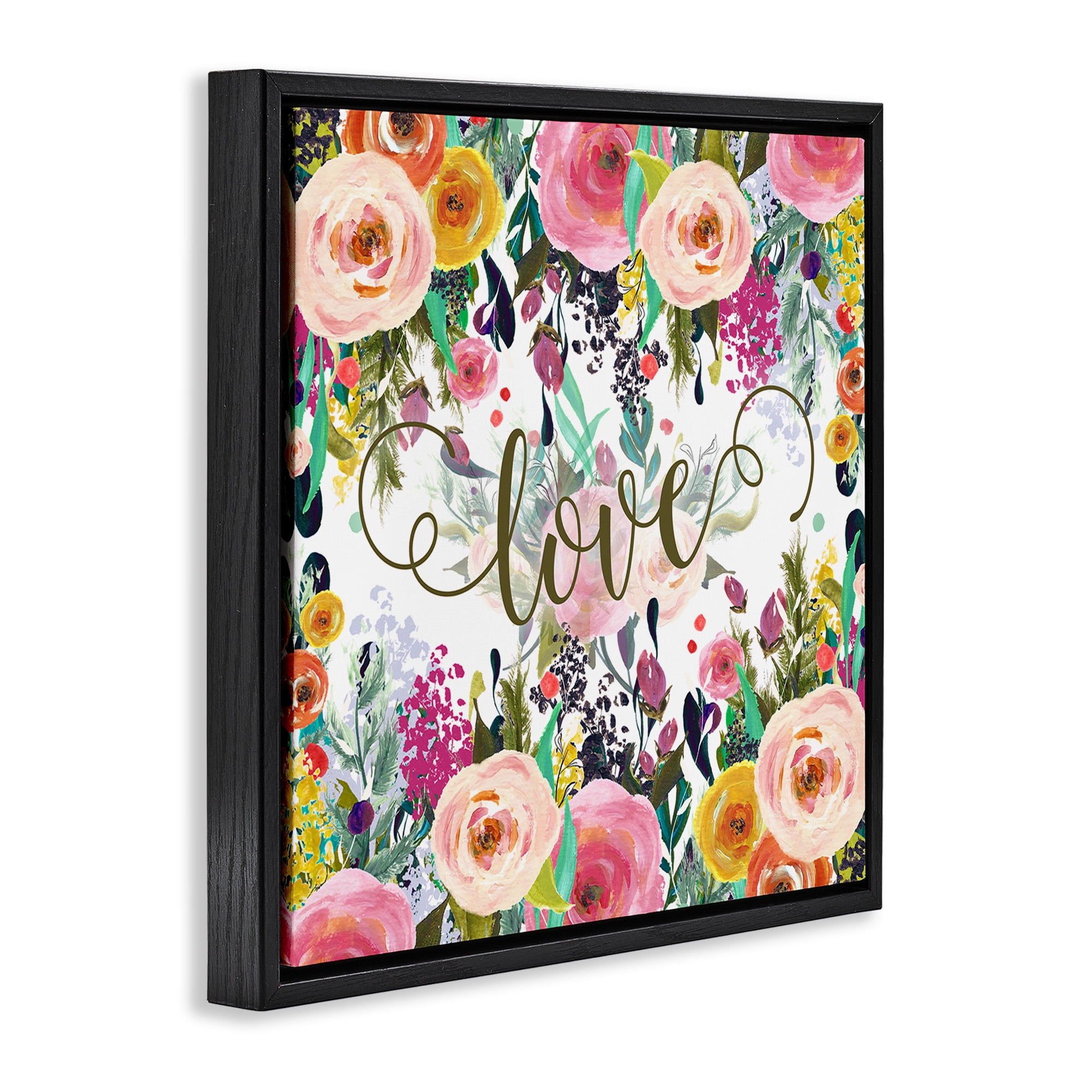 Stupell Industries Elegant Love Floral Pattern Botanical & Floral Painting Black Floater Framed Canvas Art Print Wall Art, 25 x 25