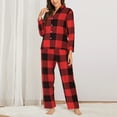 thumbnail image 3 of Junzan Buffalo Plaid Red Black Print Womens Pajama Sets,Long Sleeve Button Down For Women Pjs 2 Piece, 3 of 9