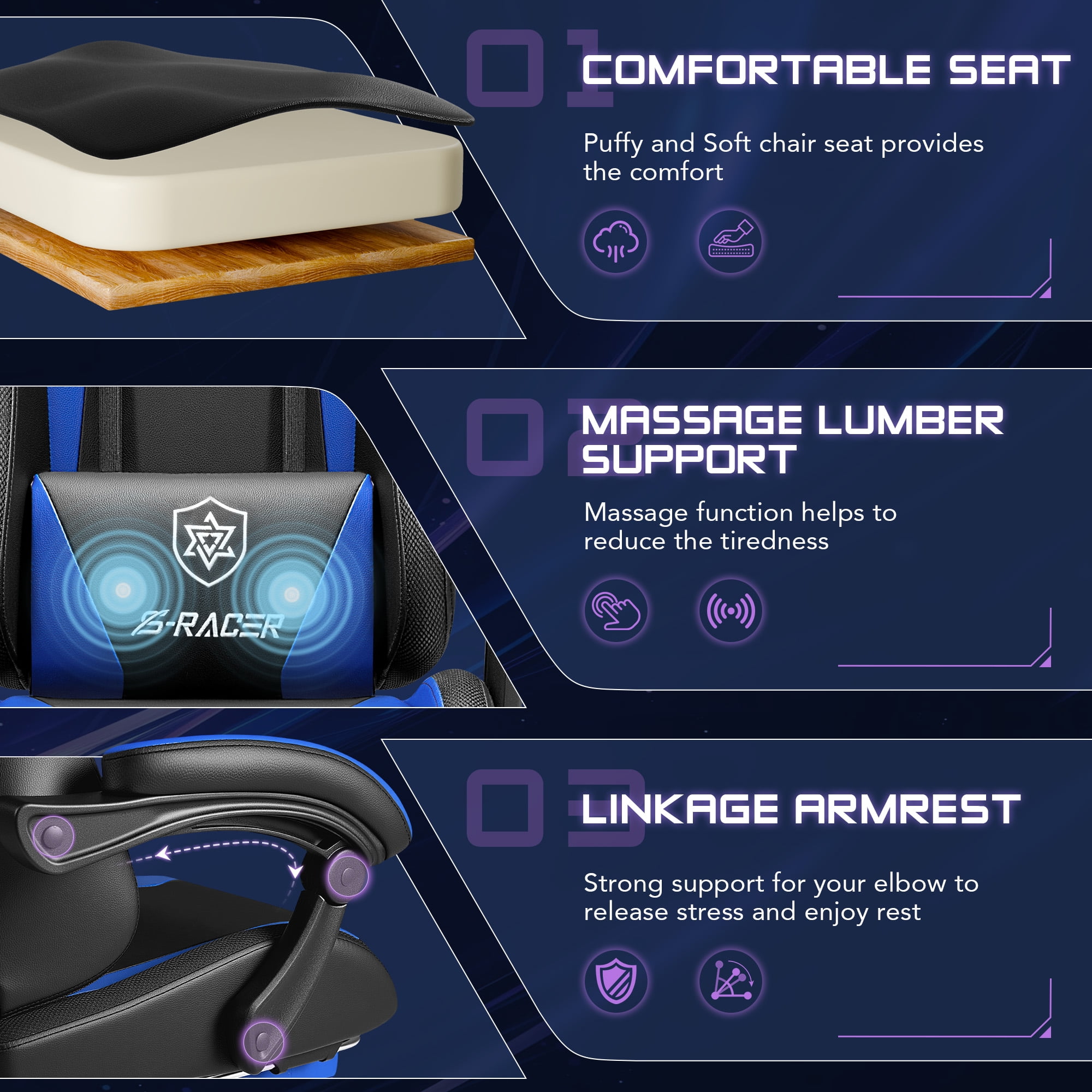 Homall RGB Gaming Chair Massage Reclining Racing Chair with APP & Remote Control, Audio Sync LED, Footrest & Headrest, Blue