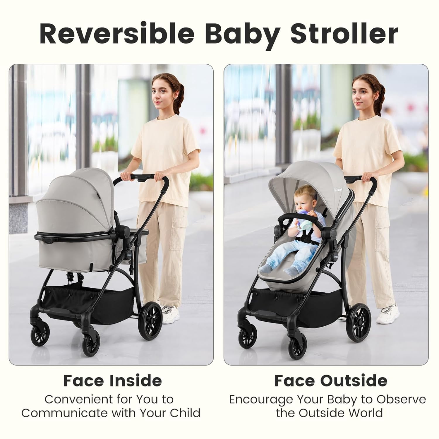 INFANS 2 in 1 Baby Stroller, Convertible Stroller with Bassinet Reversible Seat Adjustable Backrest Canopy One Hand Fold, Compact Toddler Pushchair for Kids Infants Newborns 0-36 Months