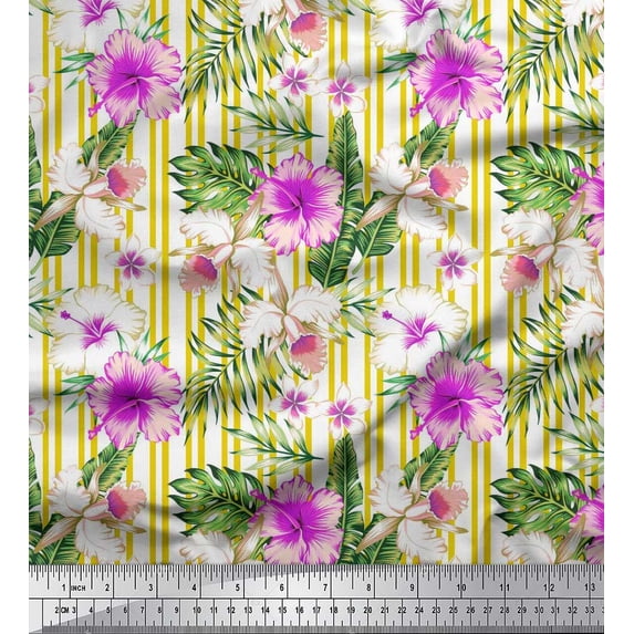 Soimoi Yellow Rayon Crepe Fabric Tropical Leaves,Stripe & Floral Print Fabric by the Yard 46 Inch Wide