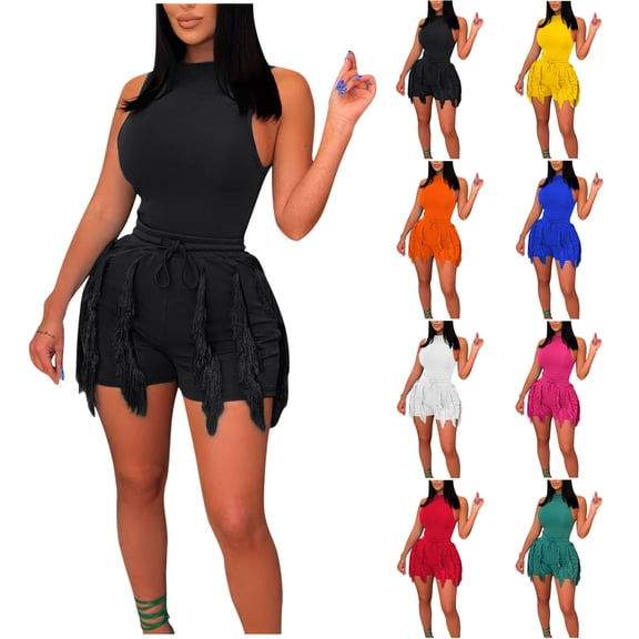 YHAJDS Lounge Set for Women Sleeveless Solid Cropped Tank Top with Tassel Hem Drawstring Shorts 2 Piece
