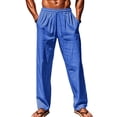 thumbnail image 2 of Men's Casual Linen Pants Loose Fit Elastic Waist Drawstring Lightweight Pant Summer Beach Trousers Blue 2XL, 2 of 4