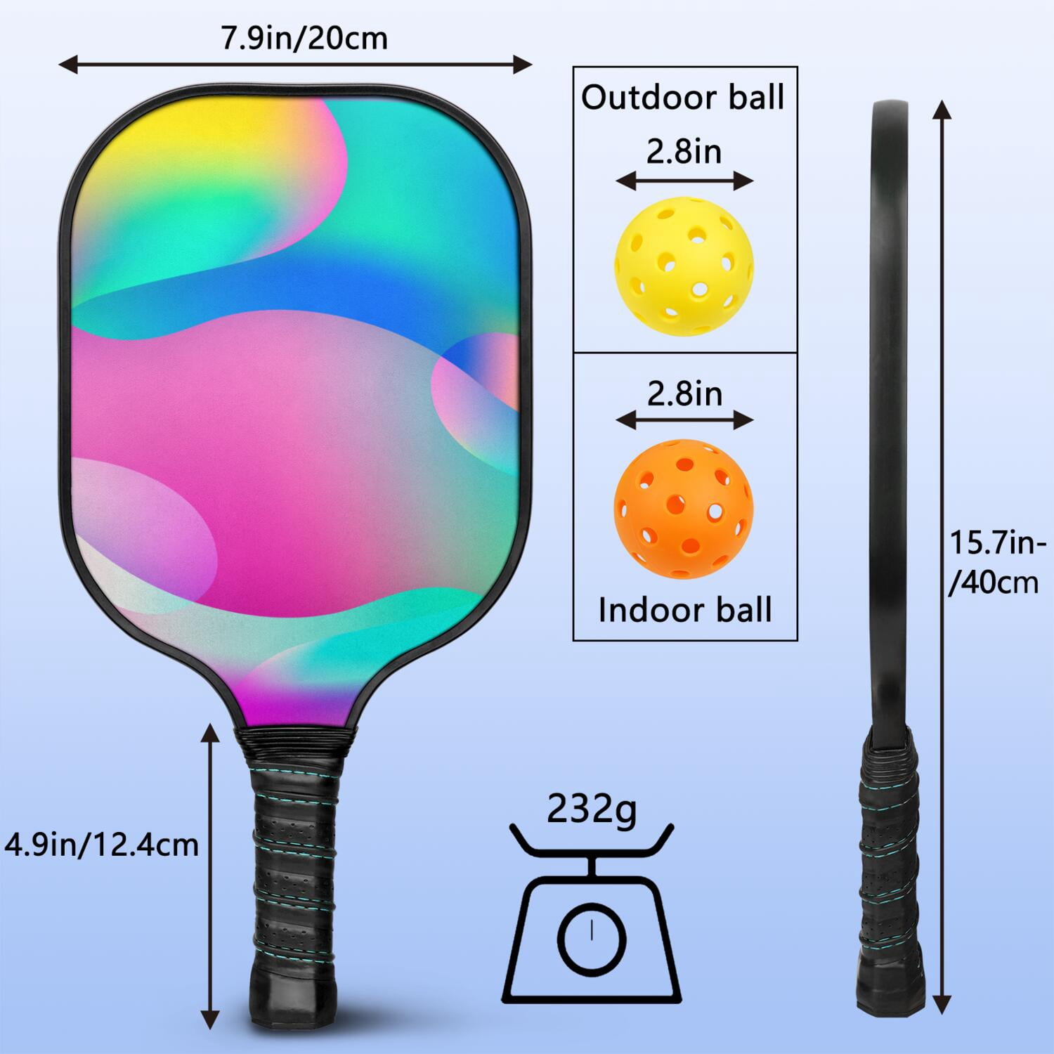 Pickleball Paddles Set Of 2, Fiberglass Surface, Neon Fluid Print, 4 Balls & Bag