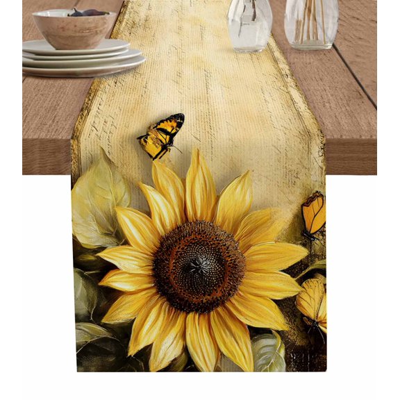 Ldtrchee Sunflower Table Runner 70 Inches, Butterfly Spring Floral Vintage Bed Runner Dresser Scarves Tabletop for Indoor Outdoor Parties/Ceremony/Banquet, 13" x 70"