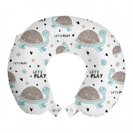 Nursery Travel Pillow Neck Rest, Let's Play Message from Baby Turtle and Snails Hearts Animal Love Cartoon, Memory Foam Traveling Accessory Airplane and Car, 12", Pale Blue Dust White, by Ambesonne