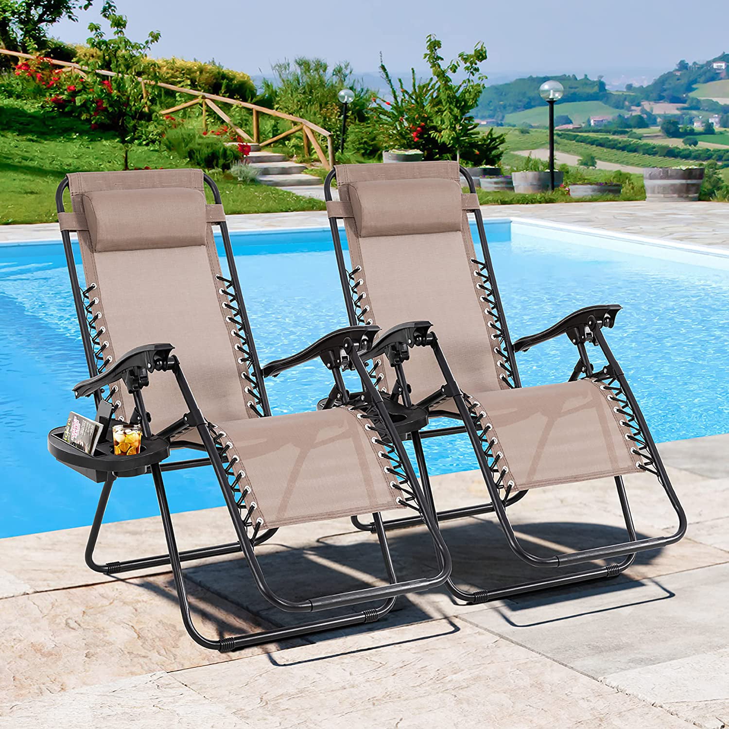 Devoko Patio Zero Gravity Chair Outdoor Free Folding Adjustable Chaise Lounge Chairs Beach Pool Side Using Reclining with Pillow and Tray Holder Set of 2 Blue 