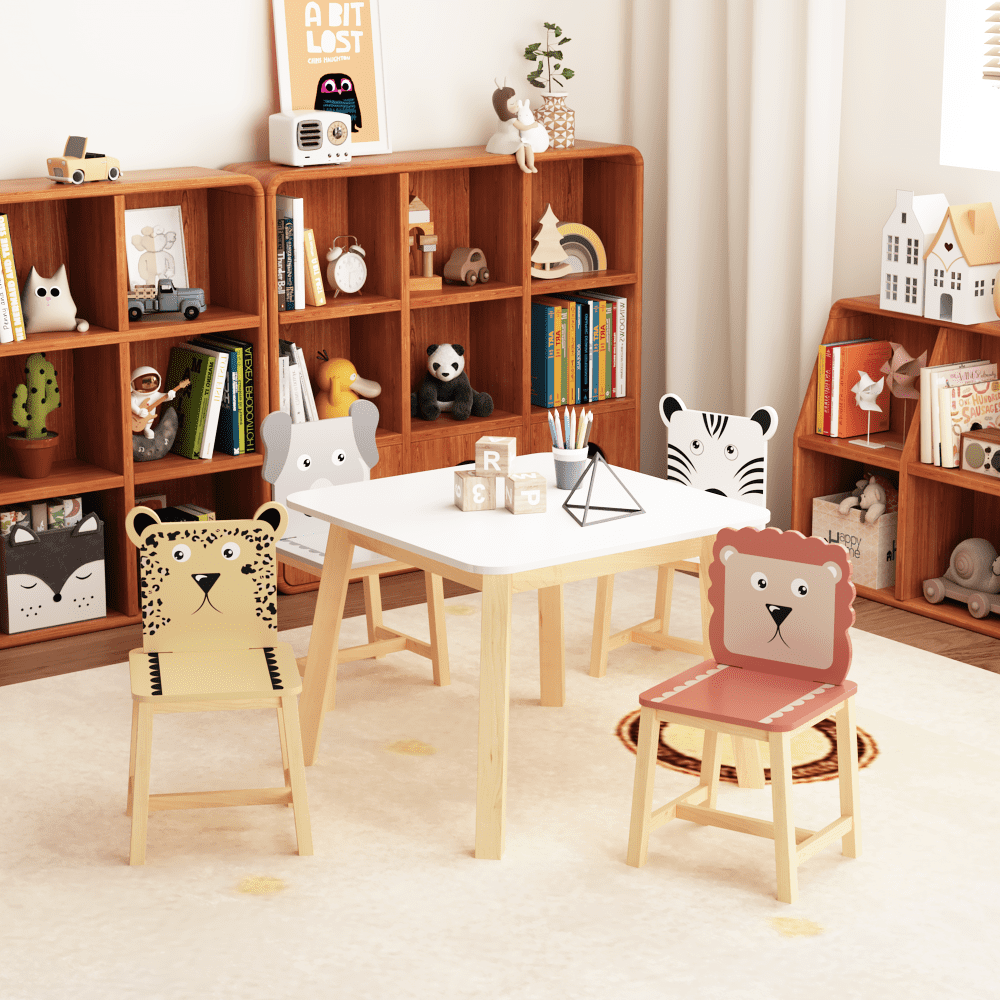 5 Piece Kiddy Table and Chair Set , Kids Wood Table with 4 Chairs Set Cartoon Animals