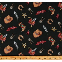 Cotton Tossed Cowboy Gear Hats Boots Horseshoes Feathers Western Wild West Black Cotton Fabric Print by the Yard (CP37459-1106115)