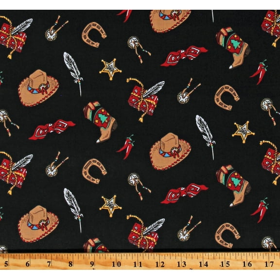 Cotton Tossed Cowboy Gear Hats Boots Horseshoes Feathers Western Wild West Black Cotton Fabric Print by the Yard (CP37459-1106115)