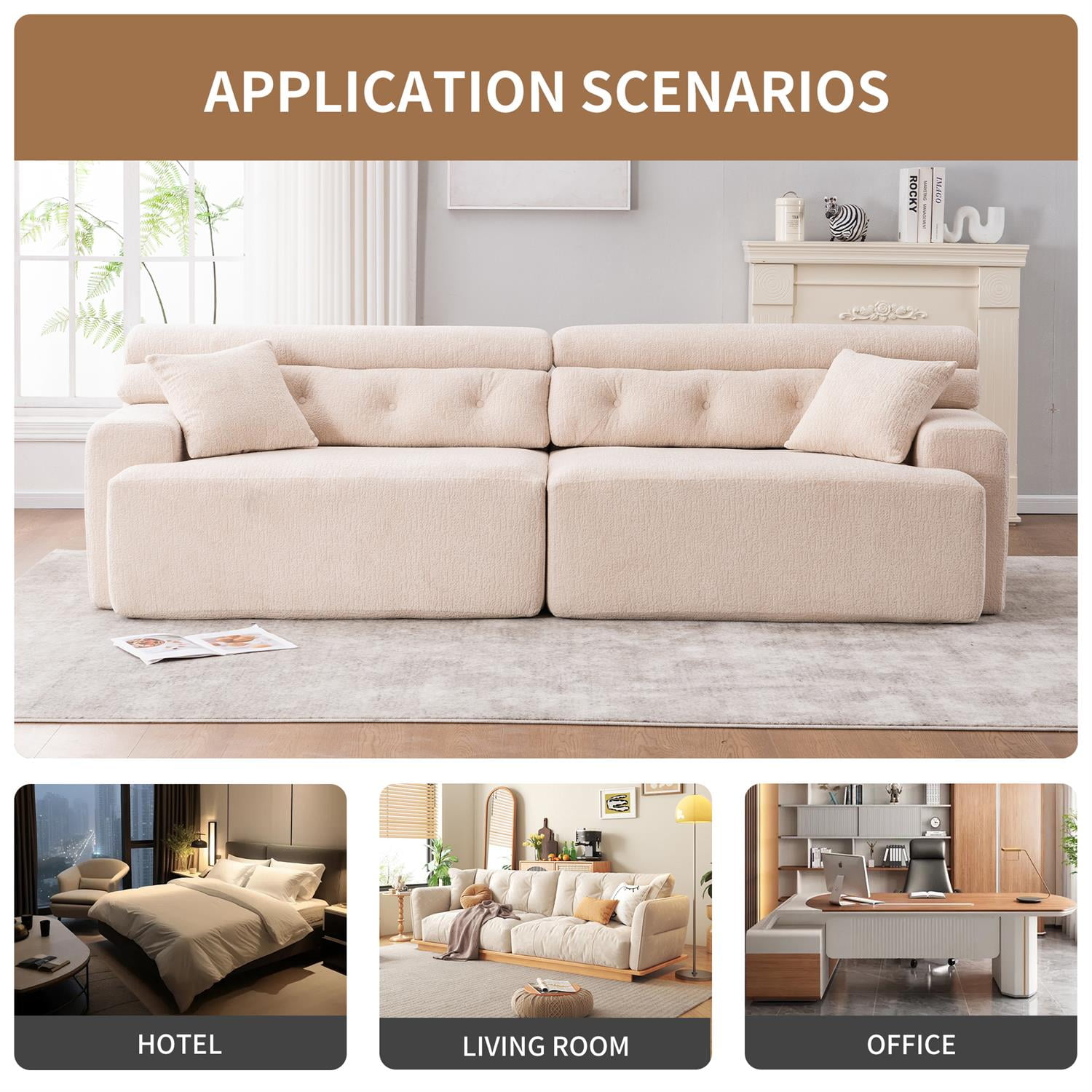 Demi Bonn 103" 4-Seater Compression Sofa Couch with Wood Grain Chenille Fabric, Full Sponge Cushion and 2 Cozy Pillows for Living Room, Beige