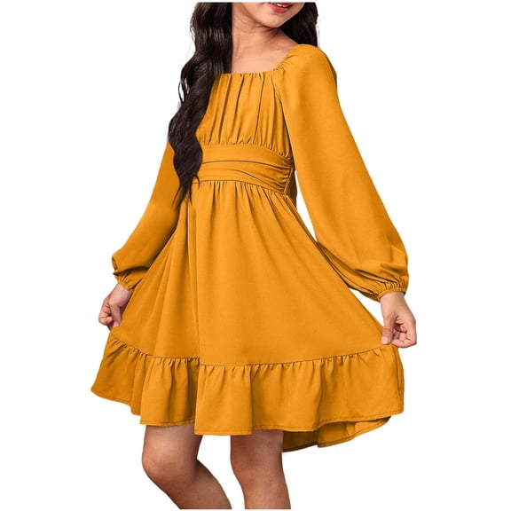 SELONE Girls Formal Dress Puff Long Sleeve Princess Dress Back Straps Crew Neck Sundress Bow Elegant Outfits 4-13Y