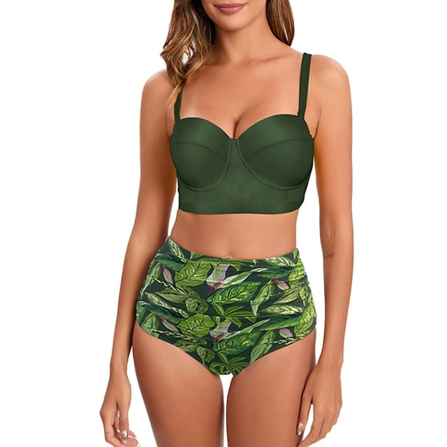 MKLEKYY Bikini Mujer Traje De Baño Women High Waisted Bikini Sexy Push Up Two Piece Swimsuits Vintage Swimsuit Two Piece Retro Ruched High Waist Print Bikini Set 1424