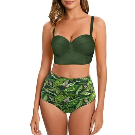 Emitonse Women Two Piece Vintage Swimsuit Retro Halter Ruched High Waist Bikini with Bottom (M  Aque Green )