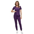 thumbnail image 2 of ACTIVE UNIFORMS Women’s Ultra-Soft Luxe Stretch Jogger Scrub Set V-Neck Top & Jogger Pants with Pockets - Regular & Petite Size (Eggplant, X-Small), 2 of 4