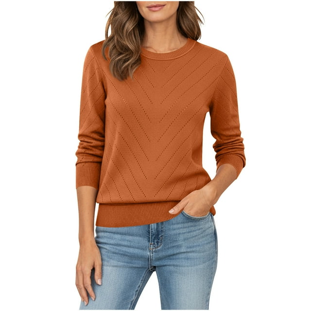 BLVB Long Sleeve Shirts for Women Fall Fashion Crewneck Pullover Sweaters Lightweight Pointelle Sweater Tops